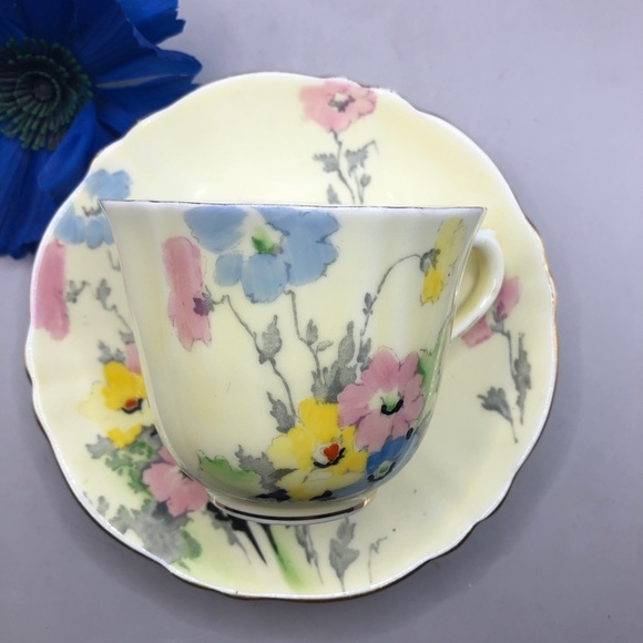Crown Staffordshire Teacup & Saucer Pale Yellow w/Blue, Pink, and Yellow Flowers - Picture 7 of 10